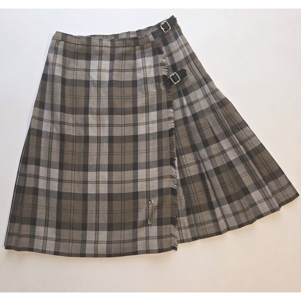 Vintage Laura Ashley 100% Wool Plaid Kilt Wrap Skirt US 8 UK12 Brown Made In UK